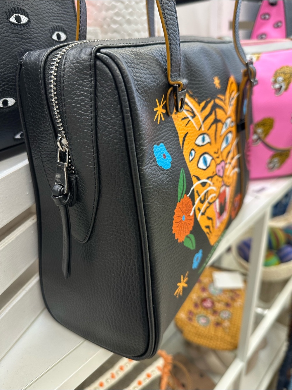 Min & Mon Esther Black Satchel Leather Bag with Multicolor Tiger Print - Picture 2 of 8